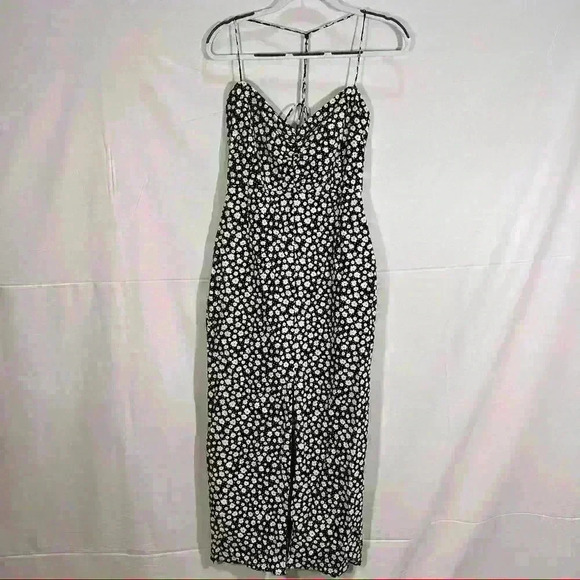ZARA Black White Daisy Micro Floral Flower Print Linen Blend Midi Dress Sz L - Picture 5 of 15